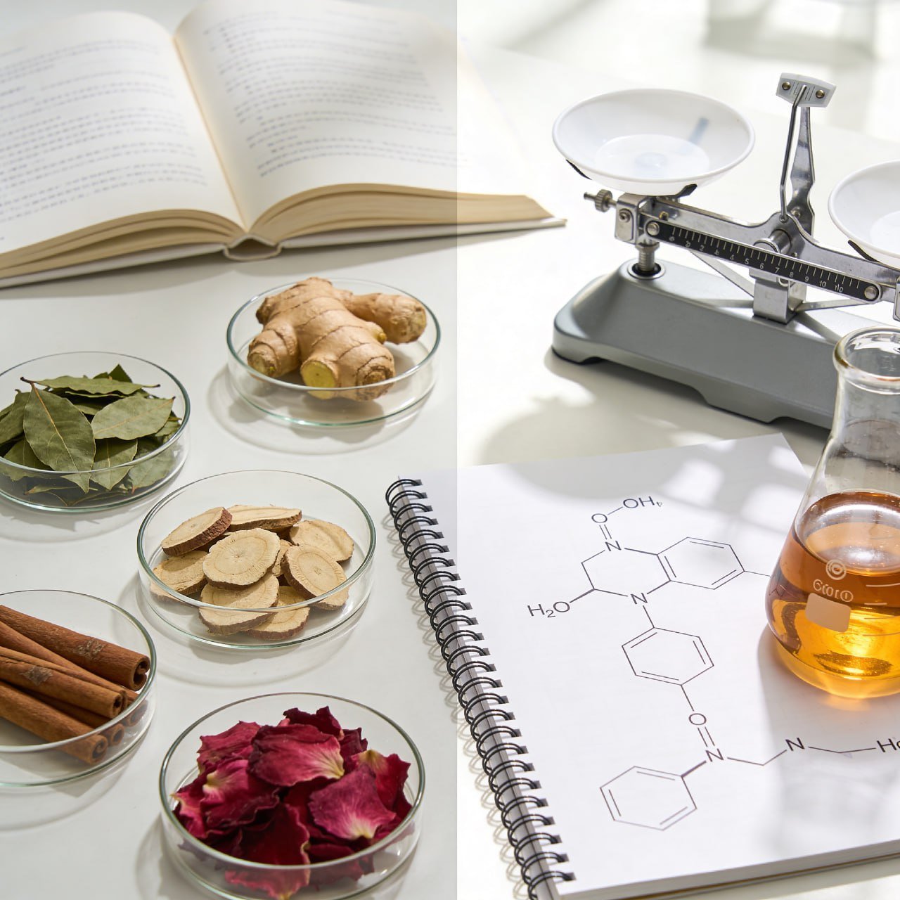 Botanical ingredients in lab setting with research materials