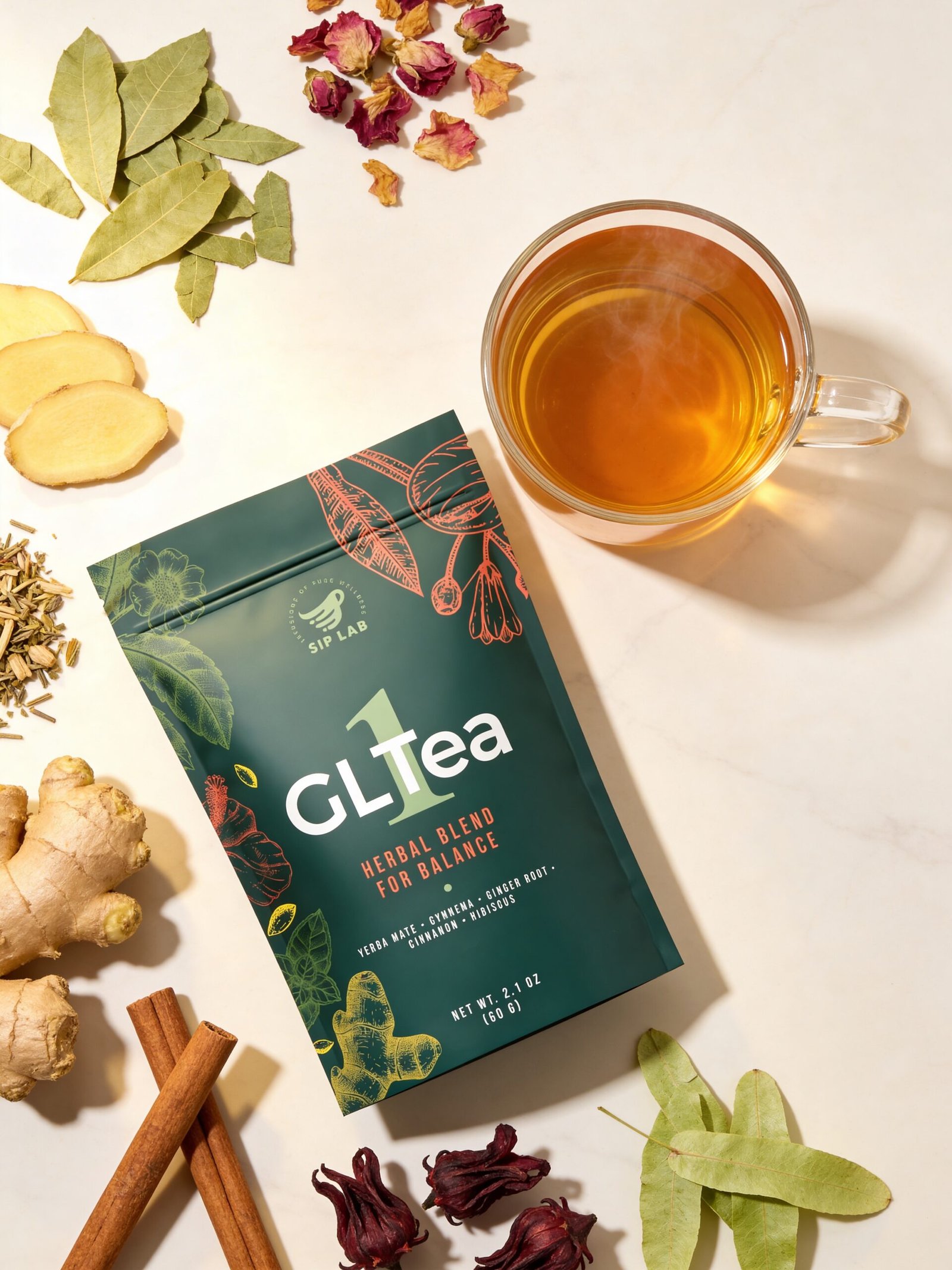 GLTea-1 with brewed tea and botanical ingredients
