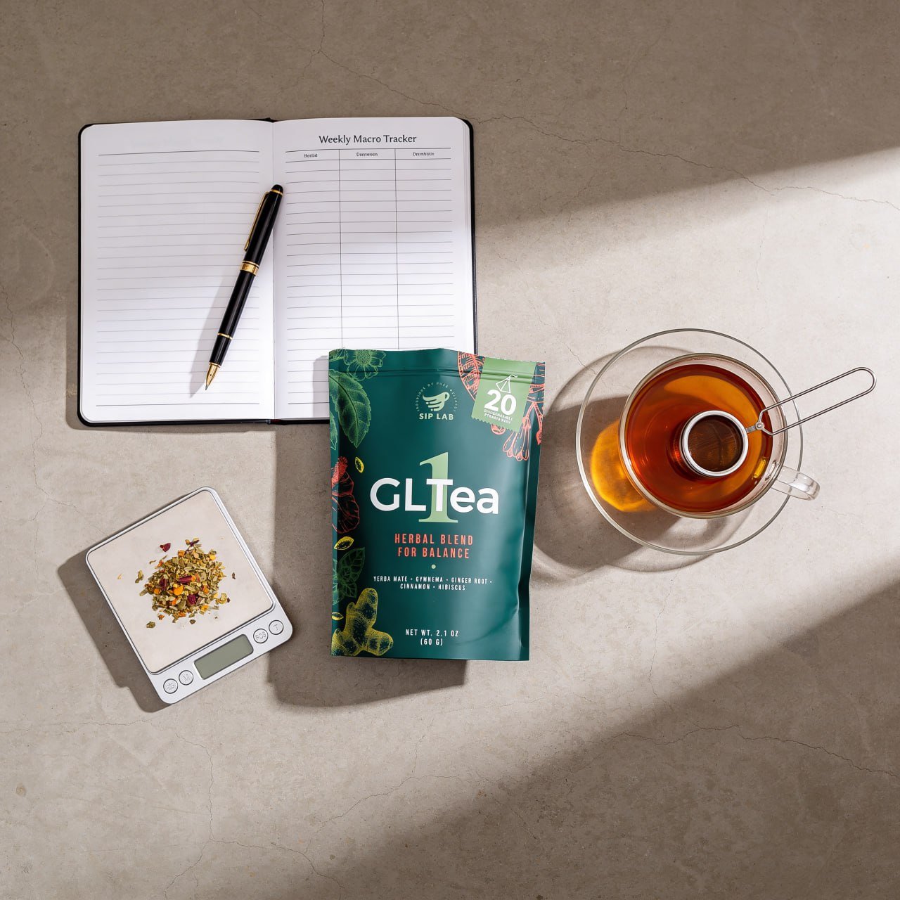 GLTea-1 with macro tracker and brewed tea