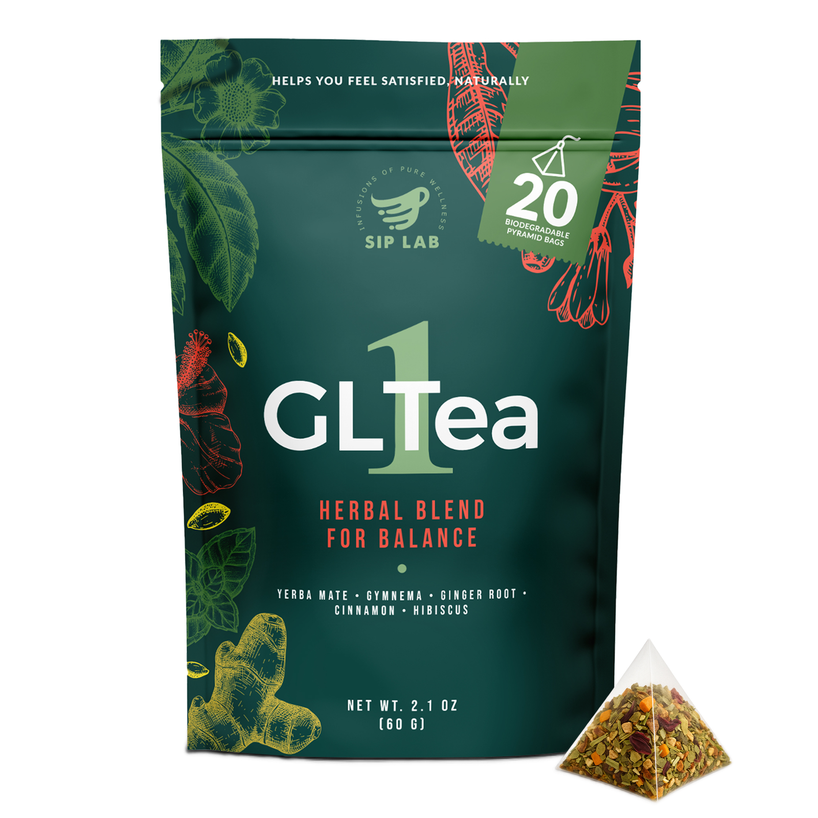GLTea-1 Herbal Blend pouch with pyramid tea bag