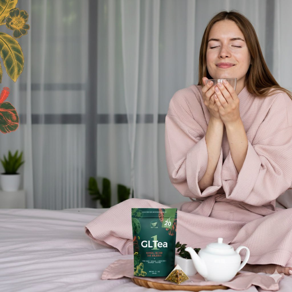 Woman enjoying GLTea-1 tea in morning routine