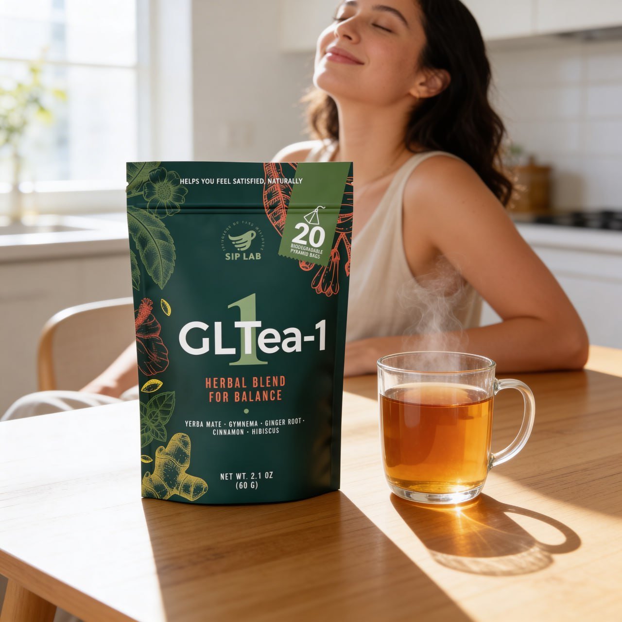 Woman enjoying GLTea-1 in a sunlit kitchen