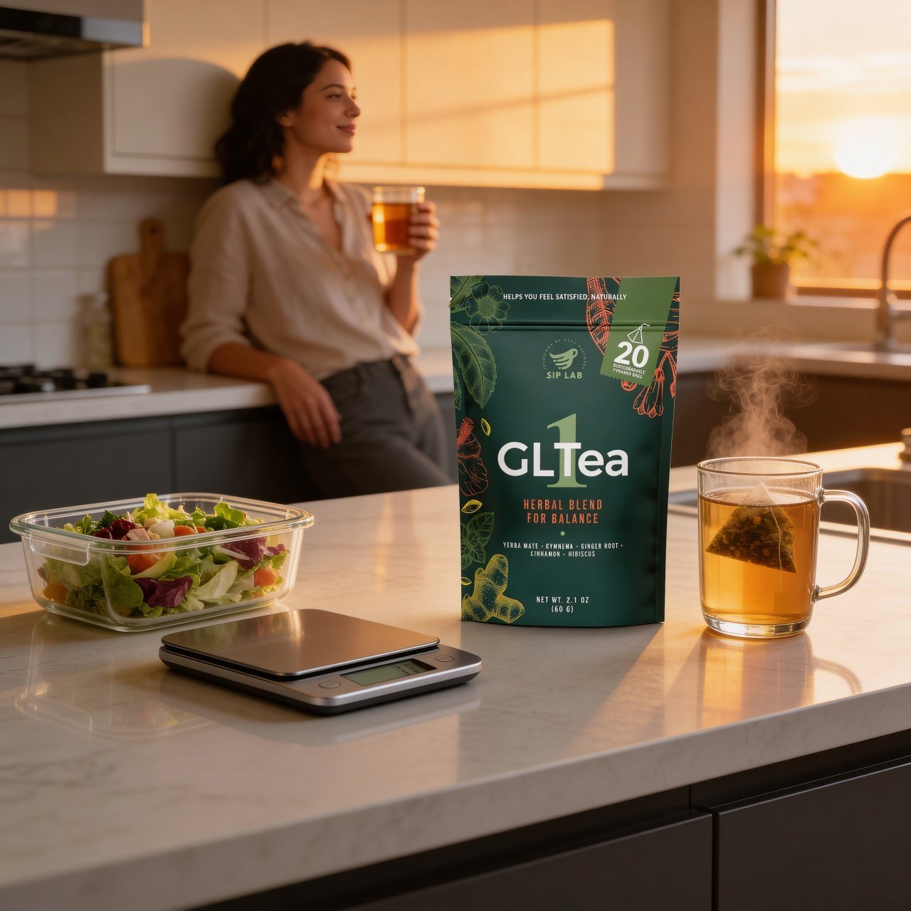 Woman enjoying GLTea-1 with healthy meal prep and food scale