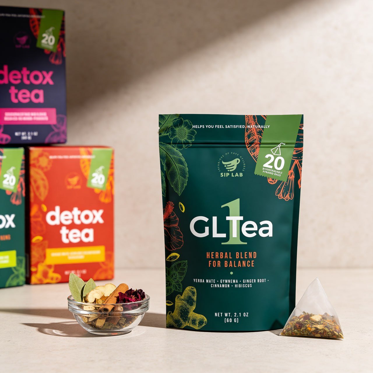 GLTea-1 product lineup with botanical ingredients